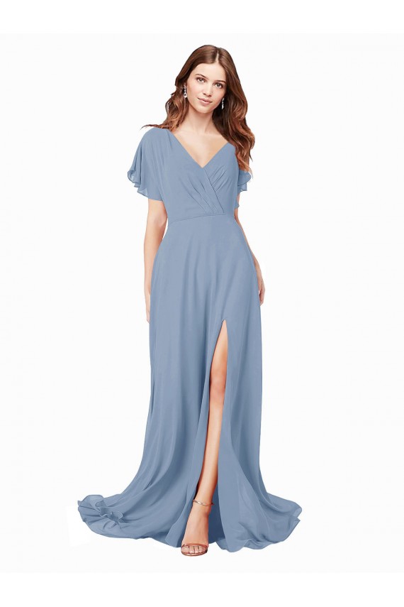 Bleu poussiéreux Trapèze Col V Mousseline Longue Robes demoiselle d'honneur / Robes de bal Grossiste