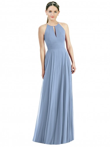 Bleu poussiéreux Trapèze Licou Mousseline Longue Robes demoiselle d'honneur Grossiste