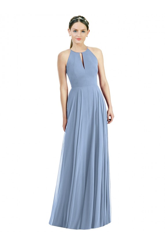Bleu poussiéreux Trapèze Licou Mousseline Longue Robes demoiselle d'honneur Grossiste