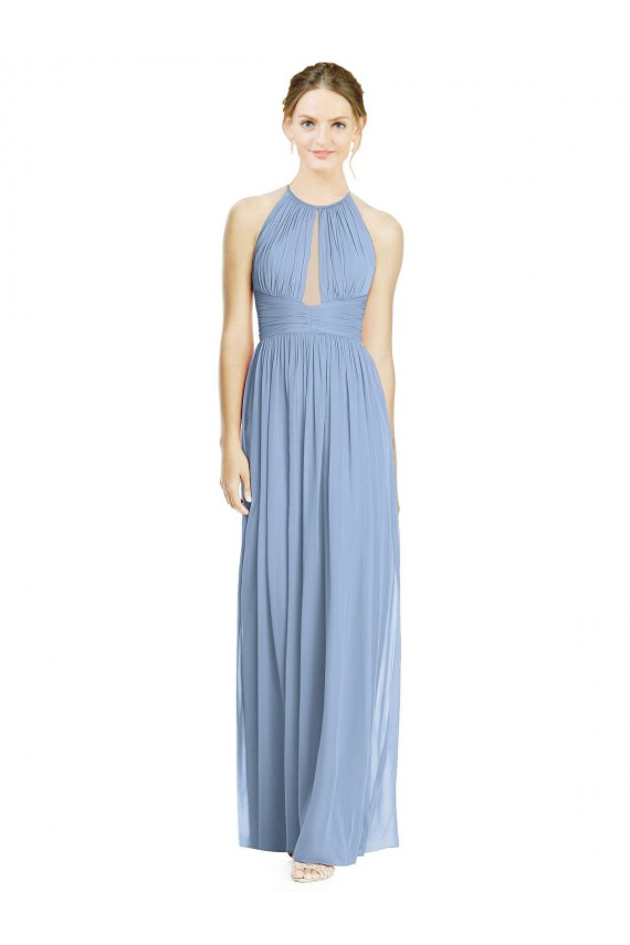 Bleu poussiéreux Trapèze Licou Mousseline Longue Robes demoiselle d'honneur Grossiste