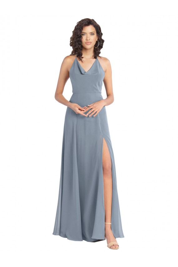Bleu poussiéreux Trapèze Licou Mousseline Longue Robes demoiselle d'honneur Grossiste
