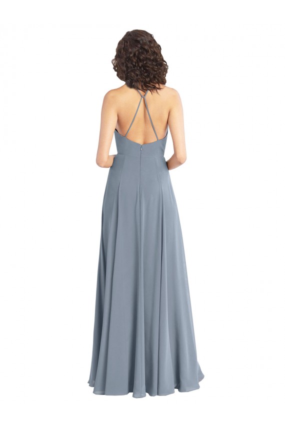 Bleu poussiéreux Trapèze Licou Mousseline Longue Robes demoiselle d'honneur Grossiste