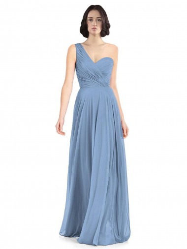 Bleu poussiéreux Trapèze Mousseline Longue Robes demoiselle d'honneur Grossiste