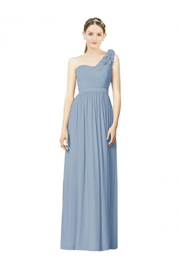 Bleu poussiéreux Trapèze Mousseline Longue Robes demoiselle d'honneur Grossiste