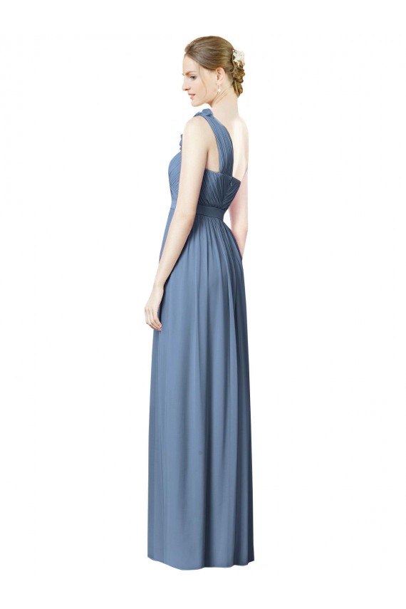 Bleu poussiéreux Trapèze Mousseline Longue Robes demoiselle d'honneur Grossiste