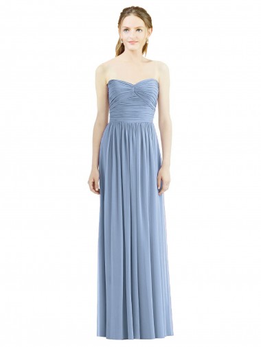 Bleu poussiéreux Trapèze Sans bretelle Mousseline Longue Robes demoiselle d'honneur Grossiste