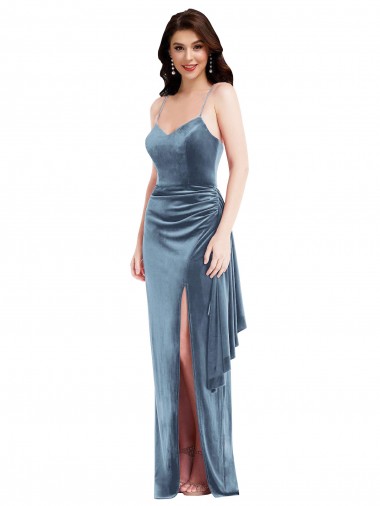 Bleu poussiéreux Trompette Bretelles spaghetti Velours Stretch Longue Formelles Robes demoiselle d'honneur / Robes de soirée / Robes de bal Grossiste