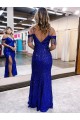 Bleu roi Fourreau Bretelles spaghetti Col V Paillettes Velours Longue Robes de bal Grossiste