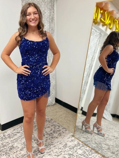 Bleu roi Fourreau Bretelles spaghetti Courte Paillettes Velours Courte Robes de bal Grossiste