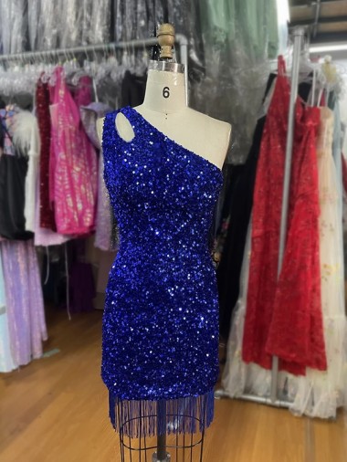 Bleu roi Fourreau Courte Paillettes Velours Courte Robes de bal Grossiste