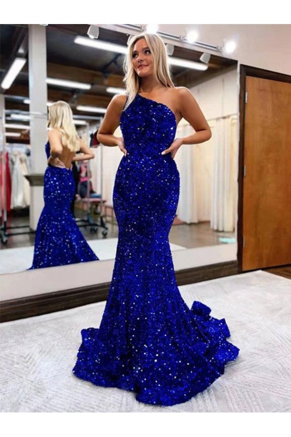 Bleu roi Sirène Balayage train Paillettes Velours Longue Robes de bal Grossiste