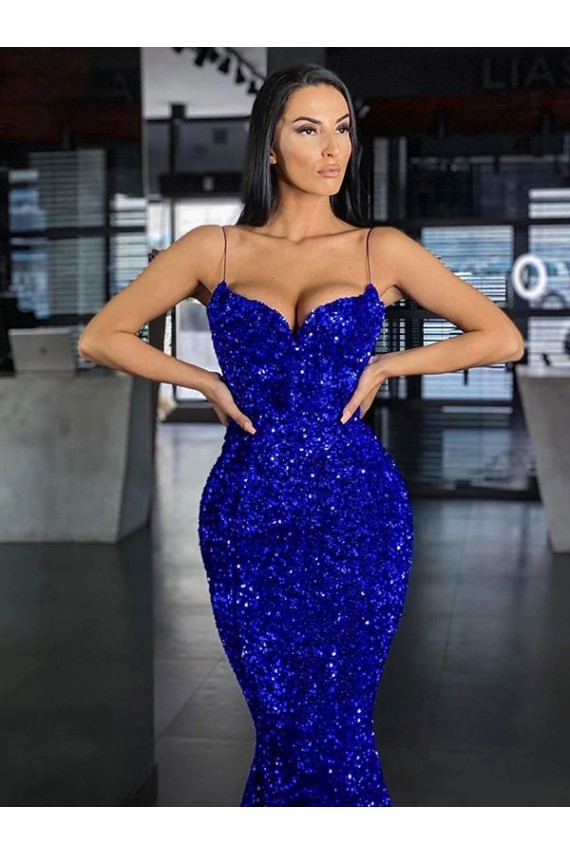 Bleu roi Sirène Bretelles spaghetti Balayage train Paillettes Velours Longue Robes de bal Grossiste
