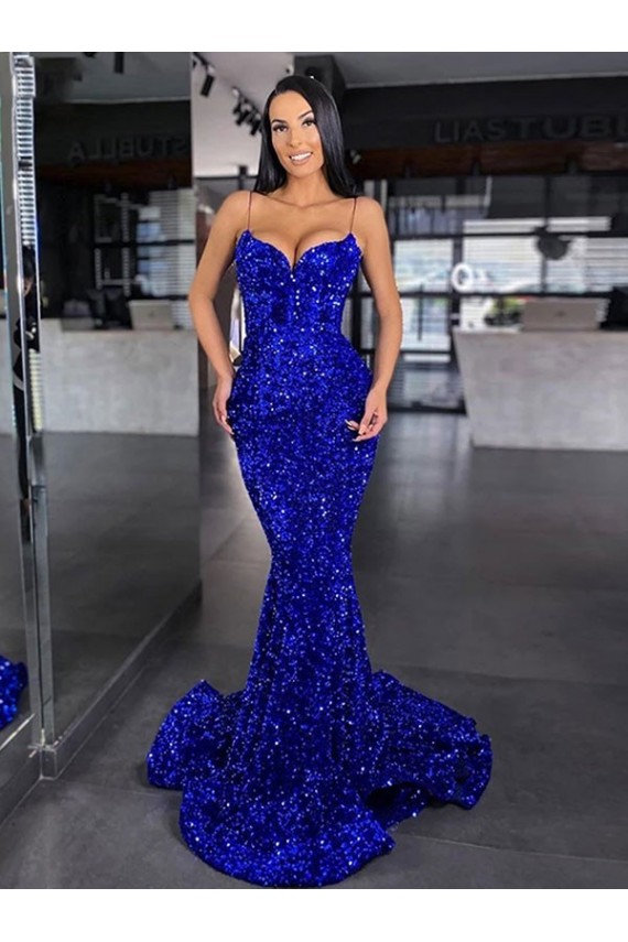 Bleu roi Sirène Bretelles spaghetti Balayage train Paillettes Velours Longue Robes de bal Grossiste