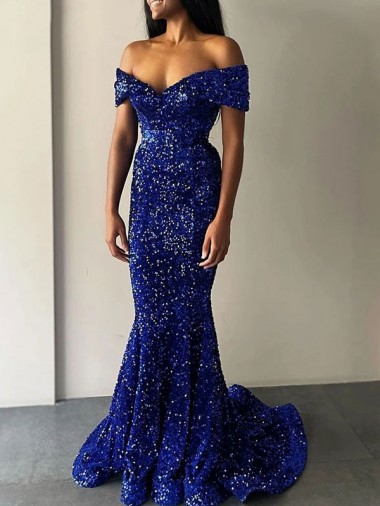 Bleu roi Sirène Épaule Dénudée Balayage train Paillettes Velours Longue Robes de bal Grossiste