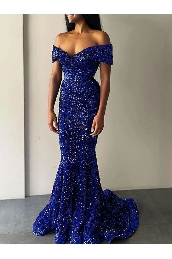 Bleu roi Sirène Épaule Dénudée Balayage train Paillettes Velours Longue Robes de bal Grossiste