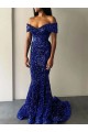 Bleu roi Sirène Épaule Dénudée Balayage train Paillettes Velours Longue Robes de bal Grossiste