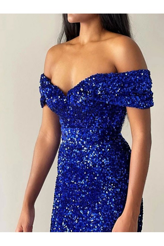 Bleu roi Sirène Épaule Dénudée Balayage train Paillettes Velours Longue Robes de bal Grossiste