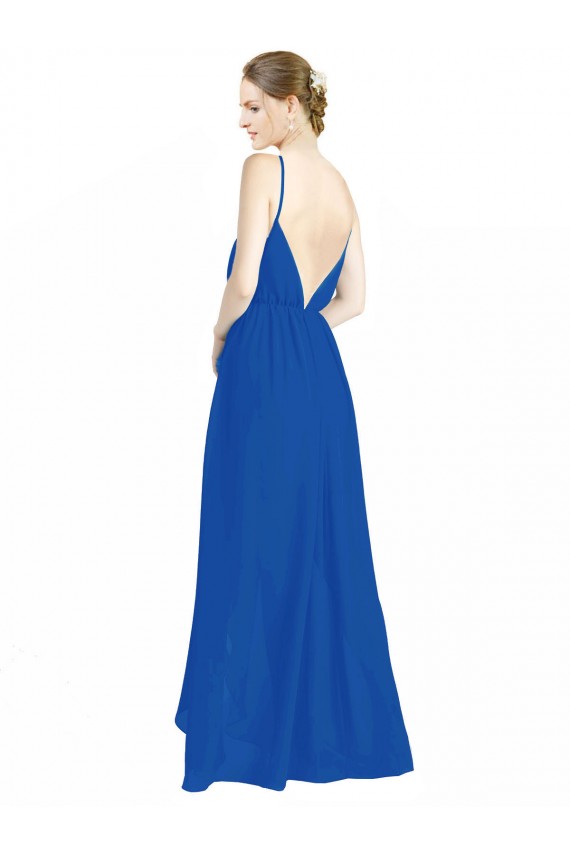 Bleu roi Trapèze Bretelles spaghetti Col V Mousseline Longue Robes demoiselle d'honneur Grossiste