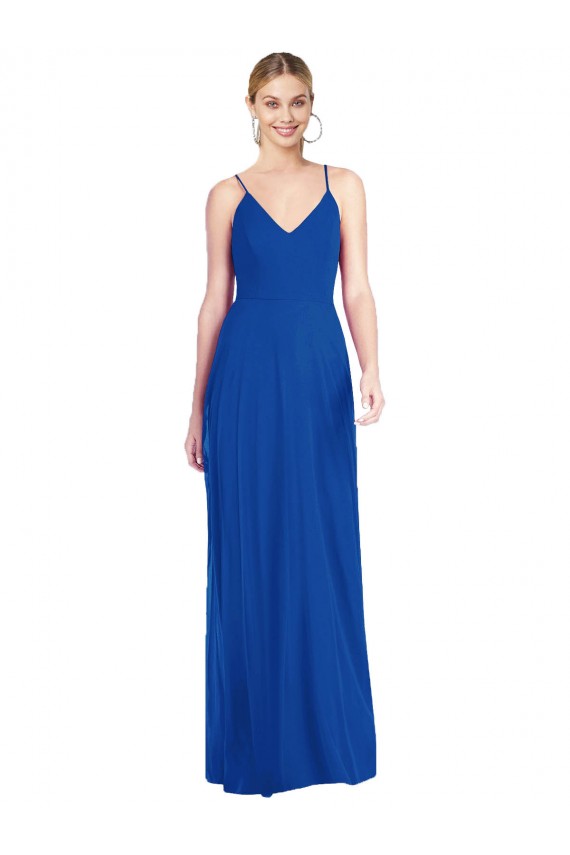 Bleu roi Trapèze Bretelles spaghetti Col V Mousseline Longue Robes demoiselle d'honneur Grossiste