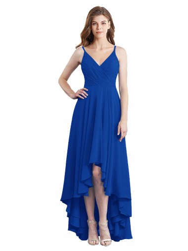Bleu roi Trapèze Bretelles spaghetti Mousseline Longue Asymétrique Robes demoiselle d'honneur Grossiste