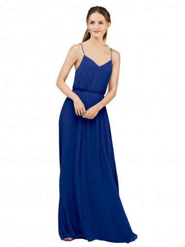 Bleu roi Trapèze Bretelles spaghetti Mousseline Longue Robes demoiselle d'honneur Grossiste