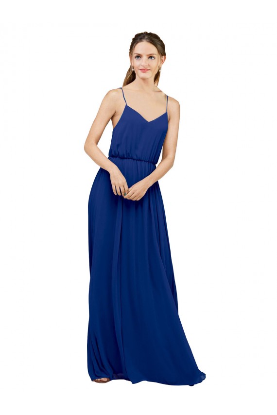 Bleu roi Trapèze Bretelles spaghetti Mousseline Longue Robes demoiselle d'honneur Grossiste