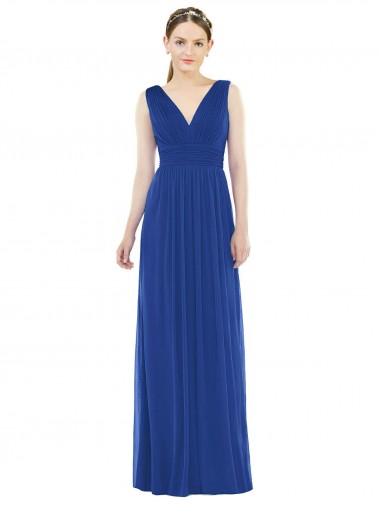 Bleu roi Trapèze Col V Mousseline Longue Robes demoiselle d'honneur Grossiste
