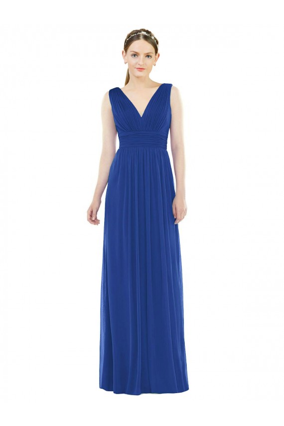Bleu roi Trapèze Col V Mousseline Longue Robes demoiselle d'honneur Grossiste