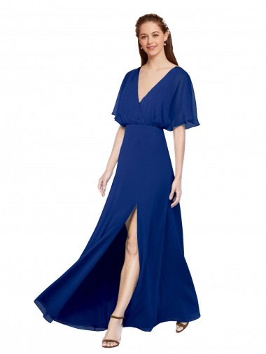 Bleu roi Trapèze Col V Mousseline Longue Robes demoiselle d'honneur Grossiste