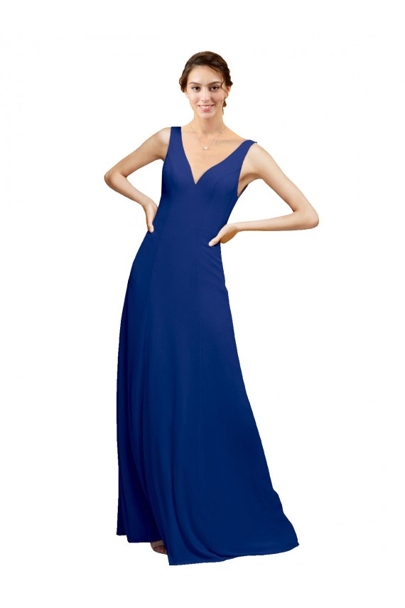 Bleu roi Trapèze Col V Mousseline Longue Robes demoiselle d'honneur Grossiste
