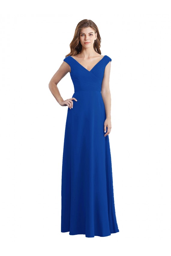 Bleu roi Trapèze Col V Mousseline Longue Robes demoiselle d'honneur Grossiste