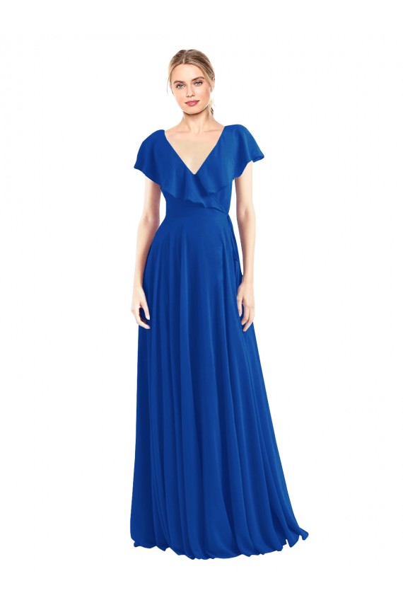 Bleu roi Trapèze Col V Mousseline Longue Robes demoiselle d'honneur Grossiste