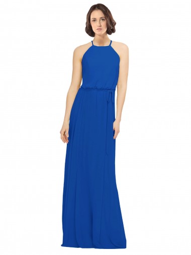 Bleu roi Trapèze Col bijou Mousseline Longue Robes demoiselle d'honneur Grossiste