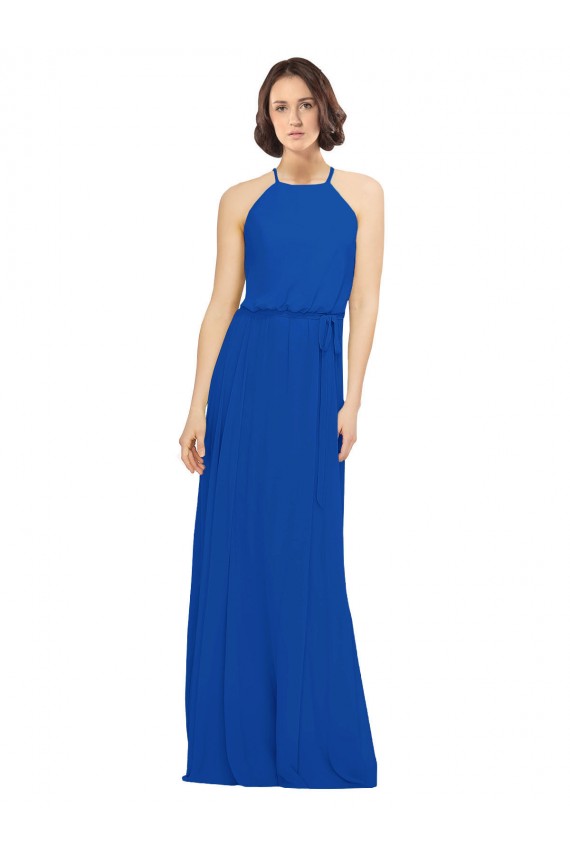 Bleu roi Trapèze Col bijou Mousseline Longue Robes demoiselle d'honneur Grossiste