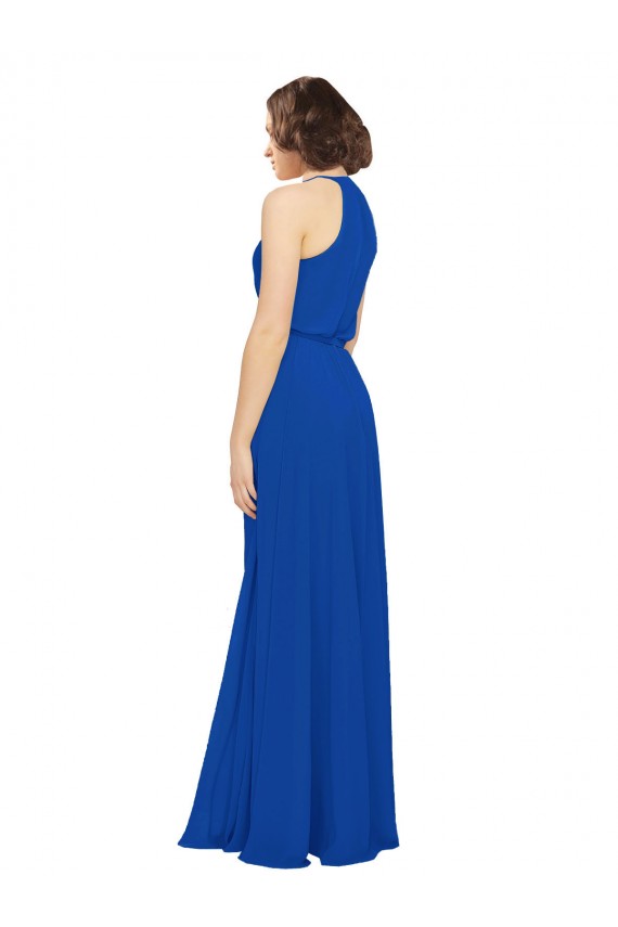 Bleu roi Trapèze Col bijou Mousseline Longue Robes demoiselle d'honneur Grossiste