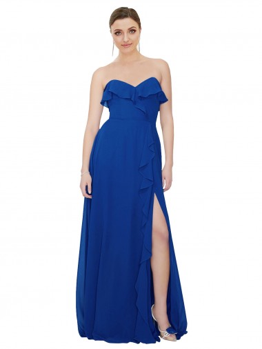Bleu roi Trapèze Sans bretelle Mousseline Longue Robes demoiselle d'honneur Grossiste