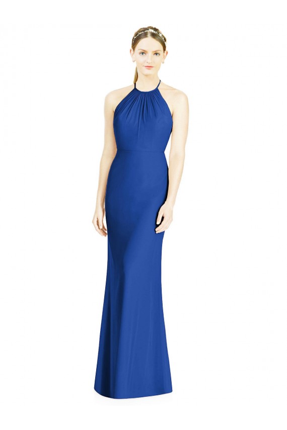 Bleu roi Trompette Licou Col Haut Mousseline Longue Robes demoiselle d'honneur Grossiste