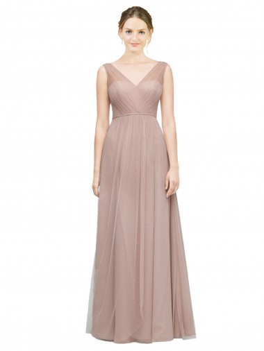 Blush Trapèze Col V Tulle Longue Robes demoiselle d'honneur Grossiste