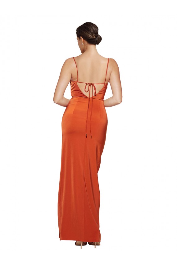 Rust Fourreau Bretelles spaghetti Balayage train Satiné Stretch Longue Formelles Robes demoiselle d'honneur / Robes de soirée / Robes de bal Grossiste