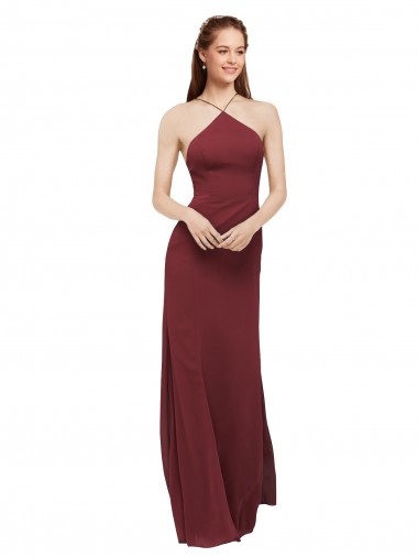 Bordeaux Fourreau Licou Mousseline Longue Robes demoiselle d'honneur Grossiste