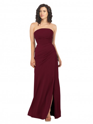 Bordeaux Fourreau Sans bretelle Mousseline Longue Robes demoiselle d'honneur Grossiste