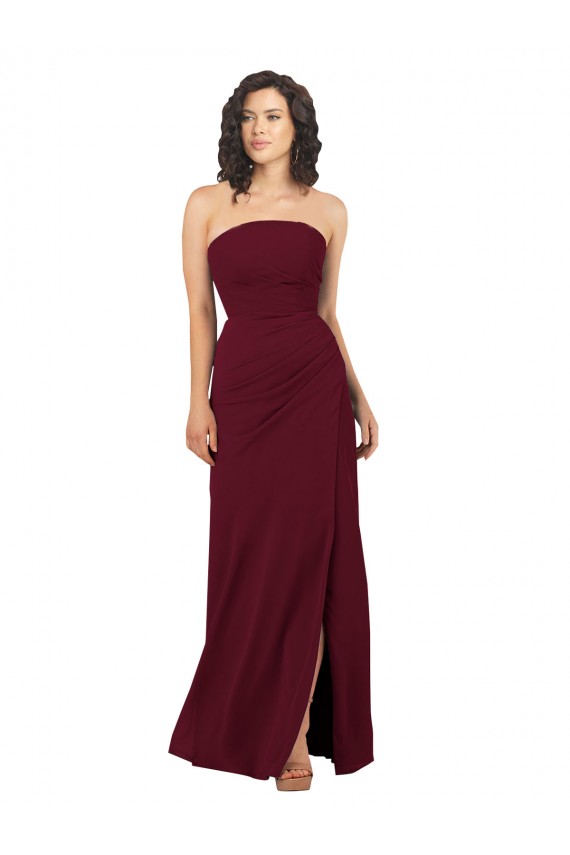 Bordeaux Fourreau Sans bretelle Mousseline Longue Robes demoiselle d'honneur Grossiste