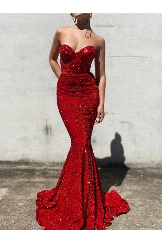 Bordeaux Sirène Traîne moyenne Paillettes Velours Longue Robes de bal Grossiste