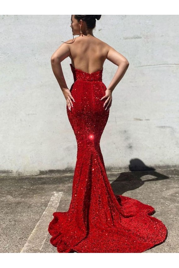 Bordeaux Sirène Traîne moyenne Paillettes Velours Longue Robes de bal Grossiste