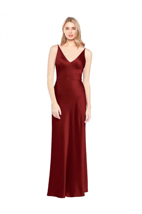 Bordeaux Trapèze Bretelles spaghetti Col V Satiné Stretch Longue Formelles Robes demoiselle d'honneur / Robes de soirée / Robes de bal Grossiste
