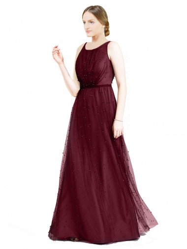 Bordeaux Trapèze Col Bateau Tulle Longue Robes demoiselle d'honneur Grossiste