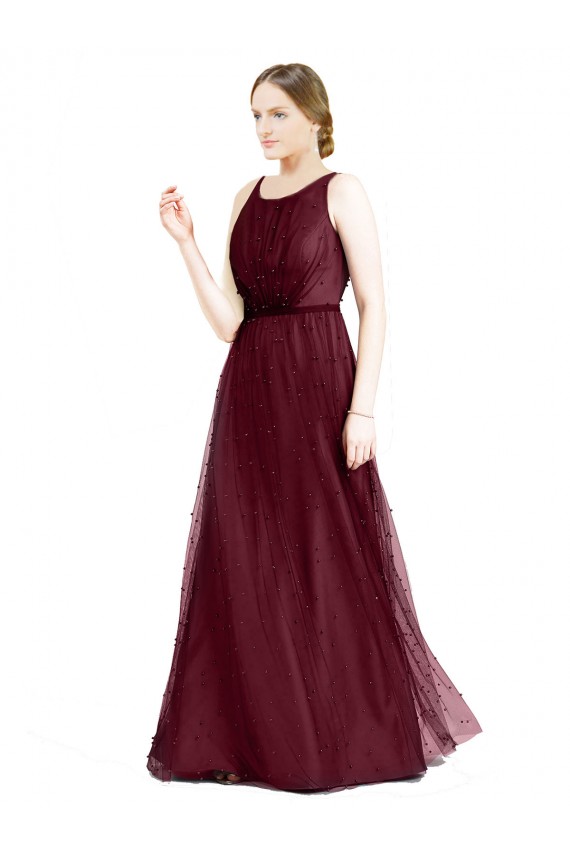 Bordeaux Trapèze Col Bateau Tulle Longue Robes demoiselle d'honneur Grossiste