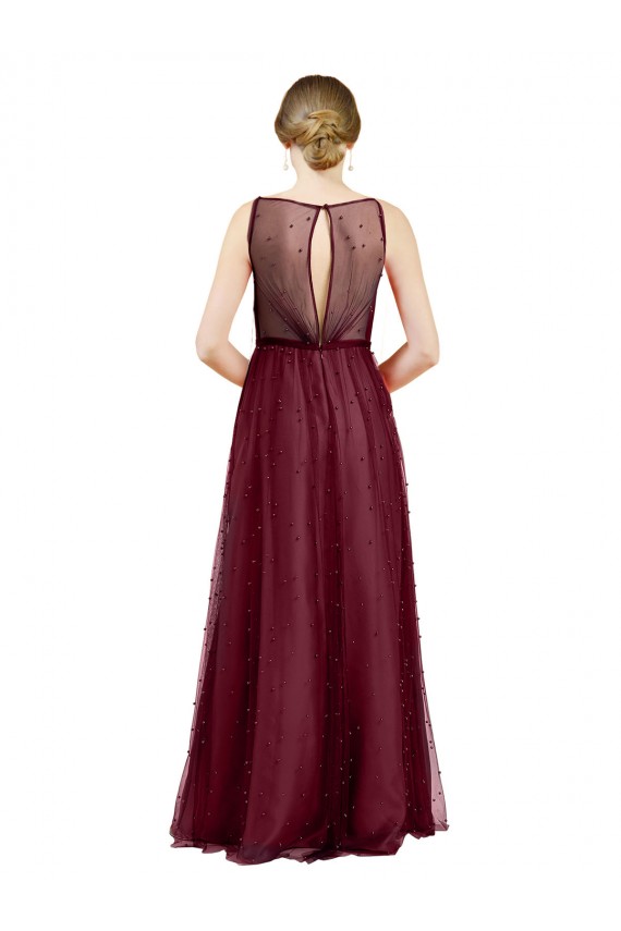 Bordeaux Trapèze Col Bateau Tulle Longue Robes demoiselle d'honneur Grossiste