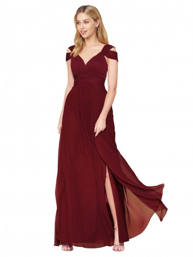 Bordeaux Trapèze Col Haut Mousseline Longue Formelles Robes demoiselle d'honneur / Robes de soirée / Robes de bal Grossiste