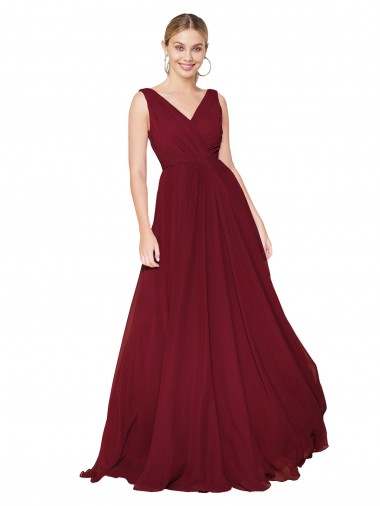 Bordeaux Trapèze Col V Mousseline Longue Formelles Robes demoiselle d'honneur / Robes de soirée / Robes de bal Grossiste